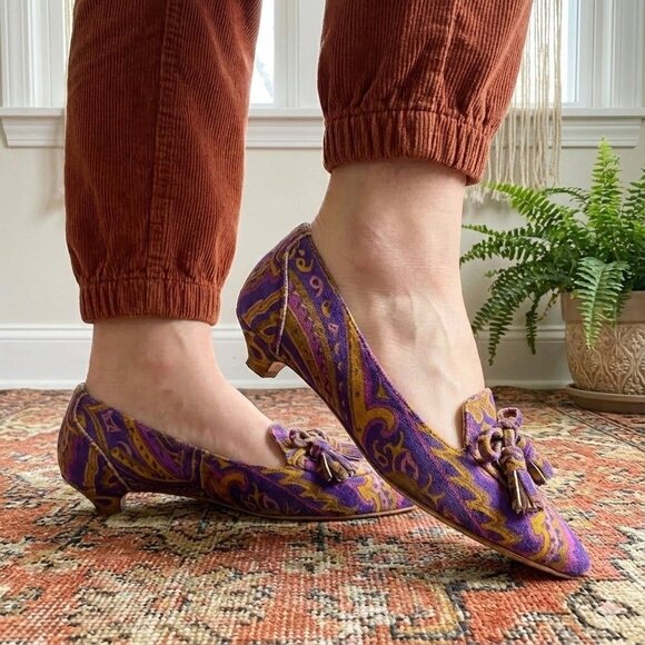 Etro Shoes - Vtg Y2k Etro Kitten Heels Purple Paisley Velvet Tassel Shoes Size 36.5 US 6.5